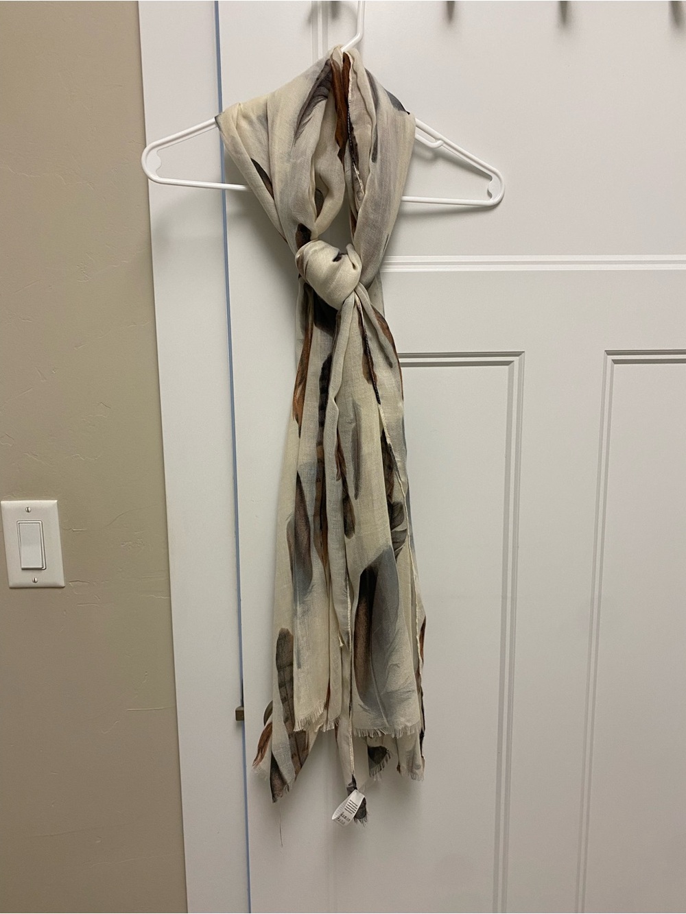 Fraas Cream Scarf with Brown and Gray Feather Print